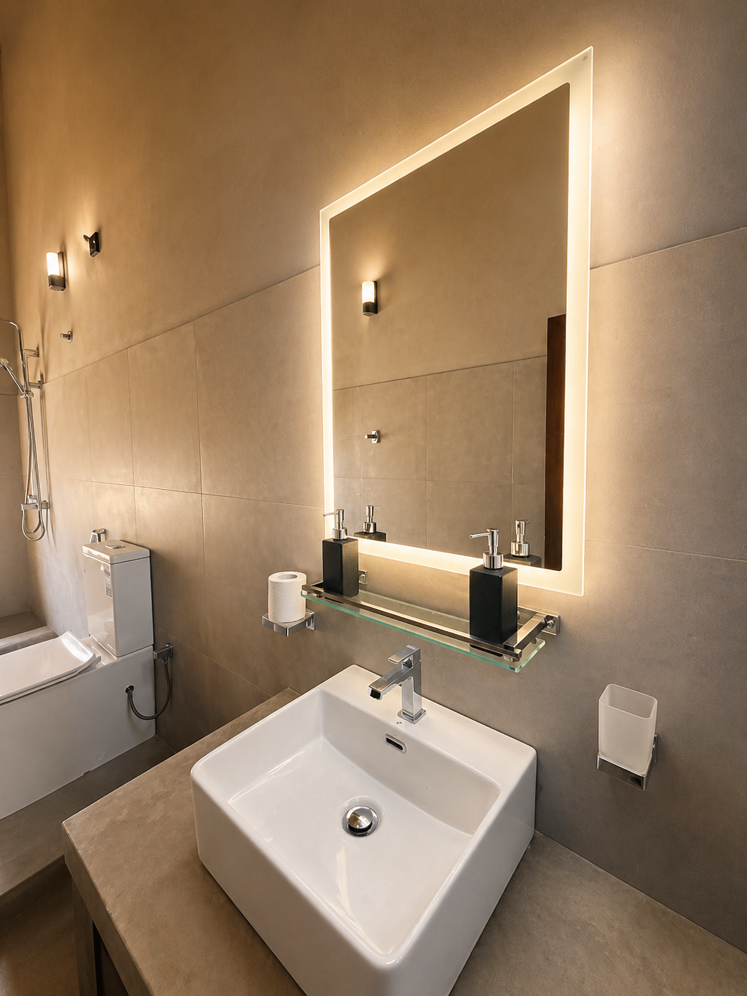 Modern CocoBaru bathroom with illuminated mirror and rainfall shower